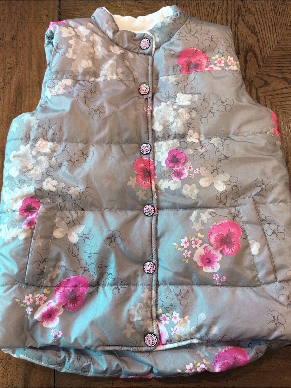 Unique Girls' Gray Floral Puffer Vest with Pink Flowers
